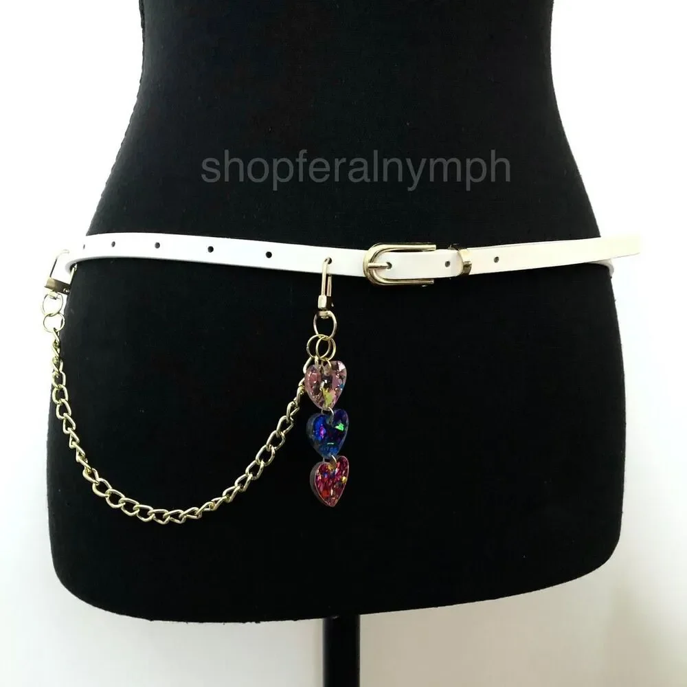 White Y2K Glitter Heart Charm Coquette Chain Belt, Fits 33-35 Inches, X7GA1240